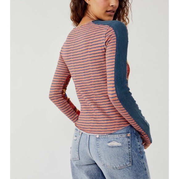 Free People Mash Up Tee Long Sleeve XL Red Combo Floral Stripe Patchwork Top - Picture 2 of 15